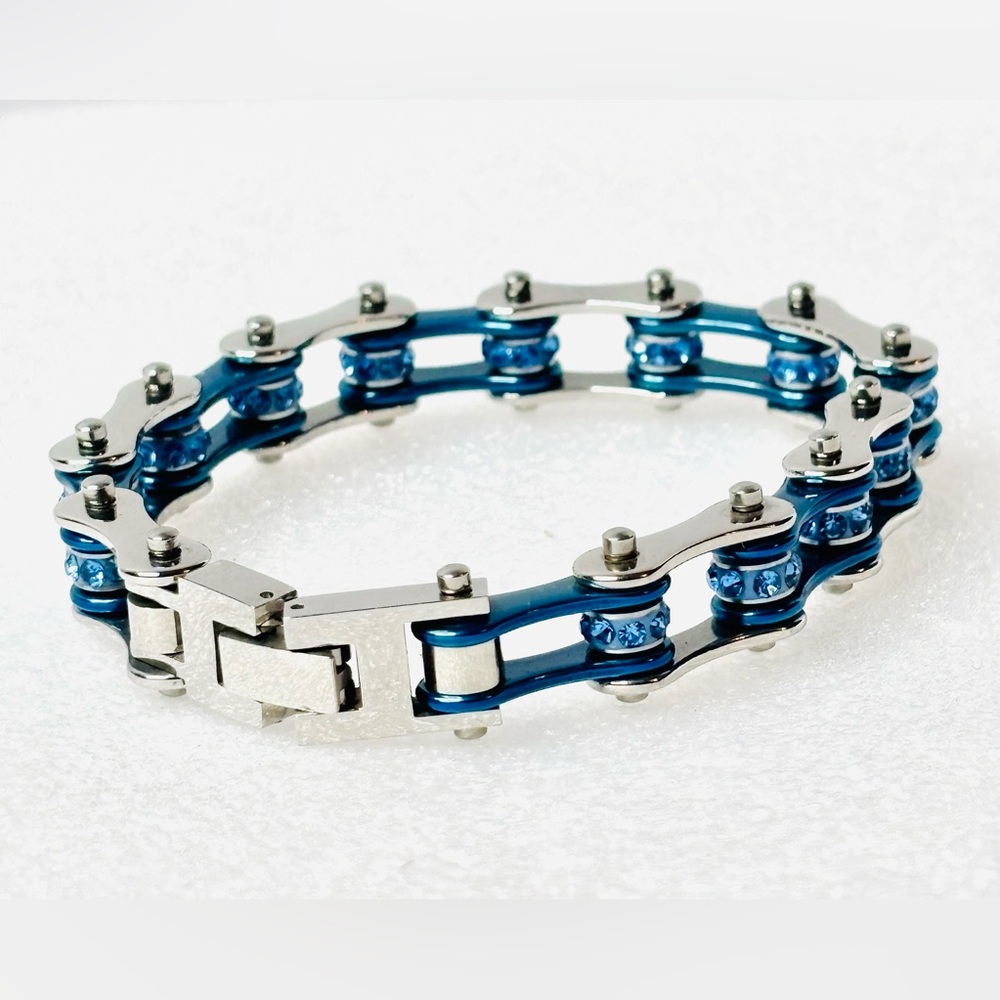 Stainless Steel Bicycle Chain Link Bracelet Blue & Silver w/ Blue Rhinestones